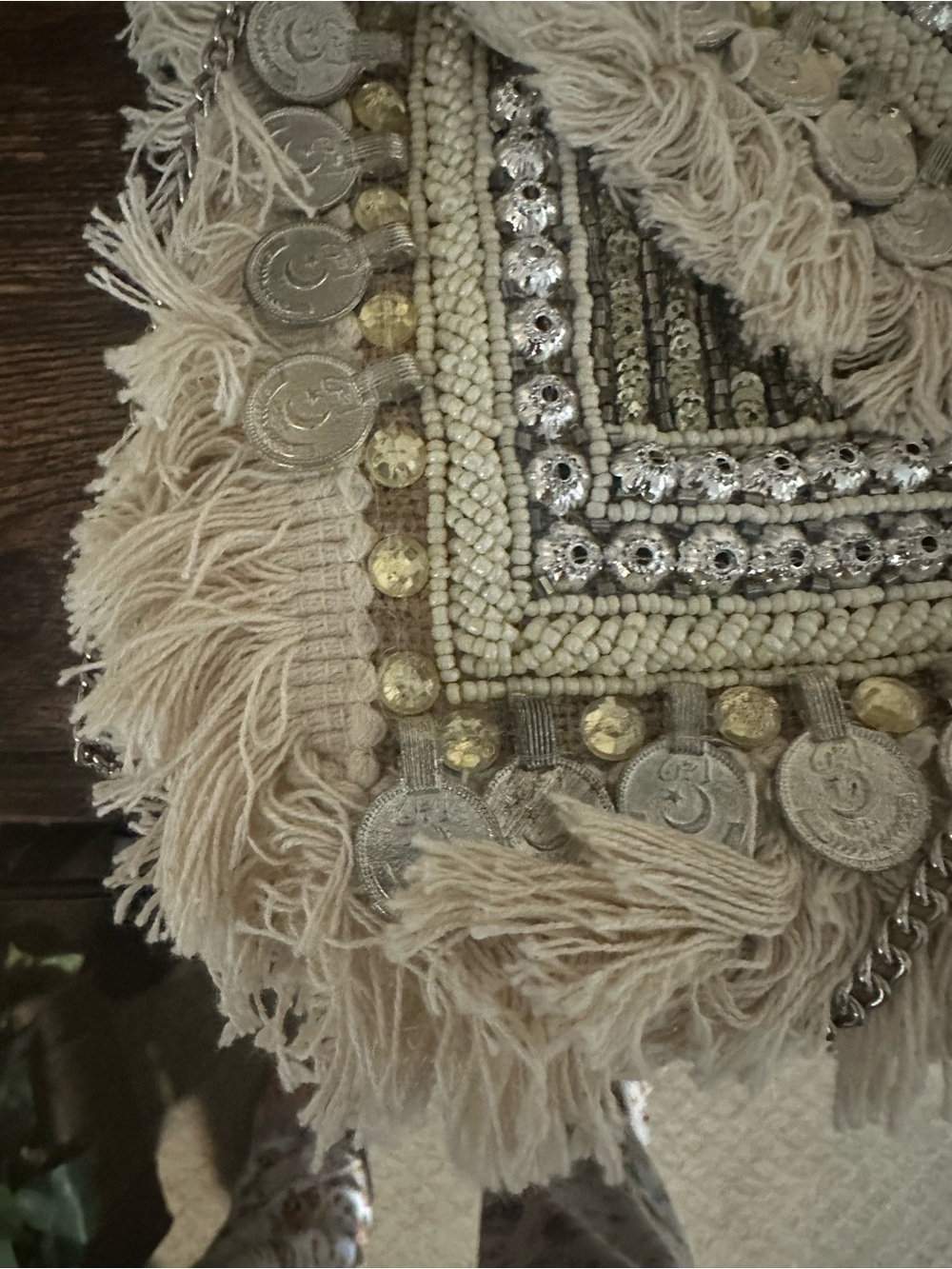 Embellished Fringe Coin Clutch in Cream and Gold - Picture 3 of 5